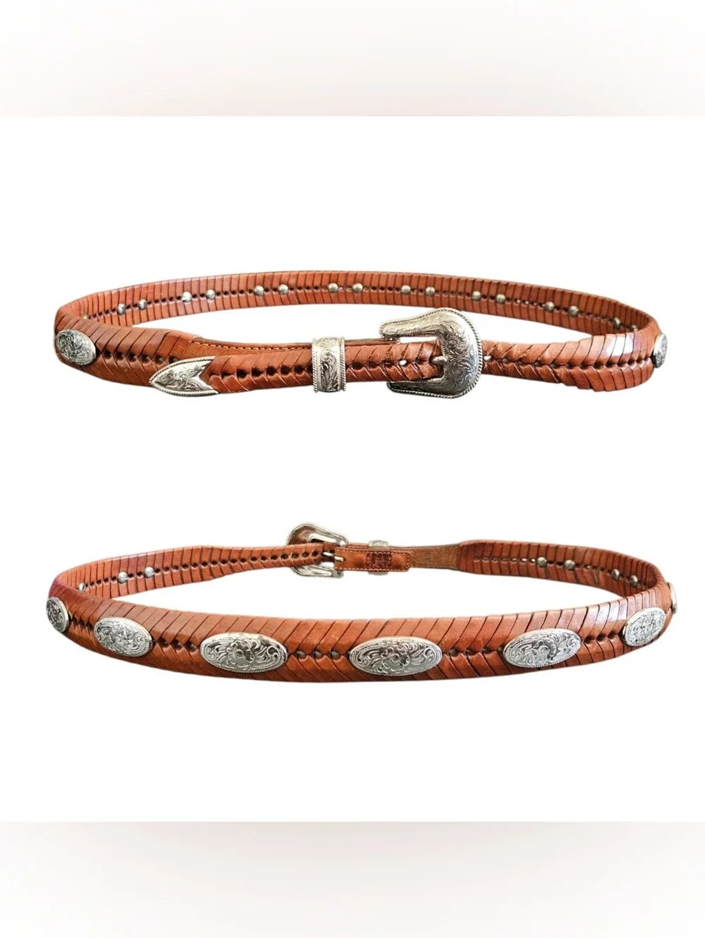 Tony Lama Men's Vintage Western Brown Leather Braided Silver Concho Belt Size 38